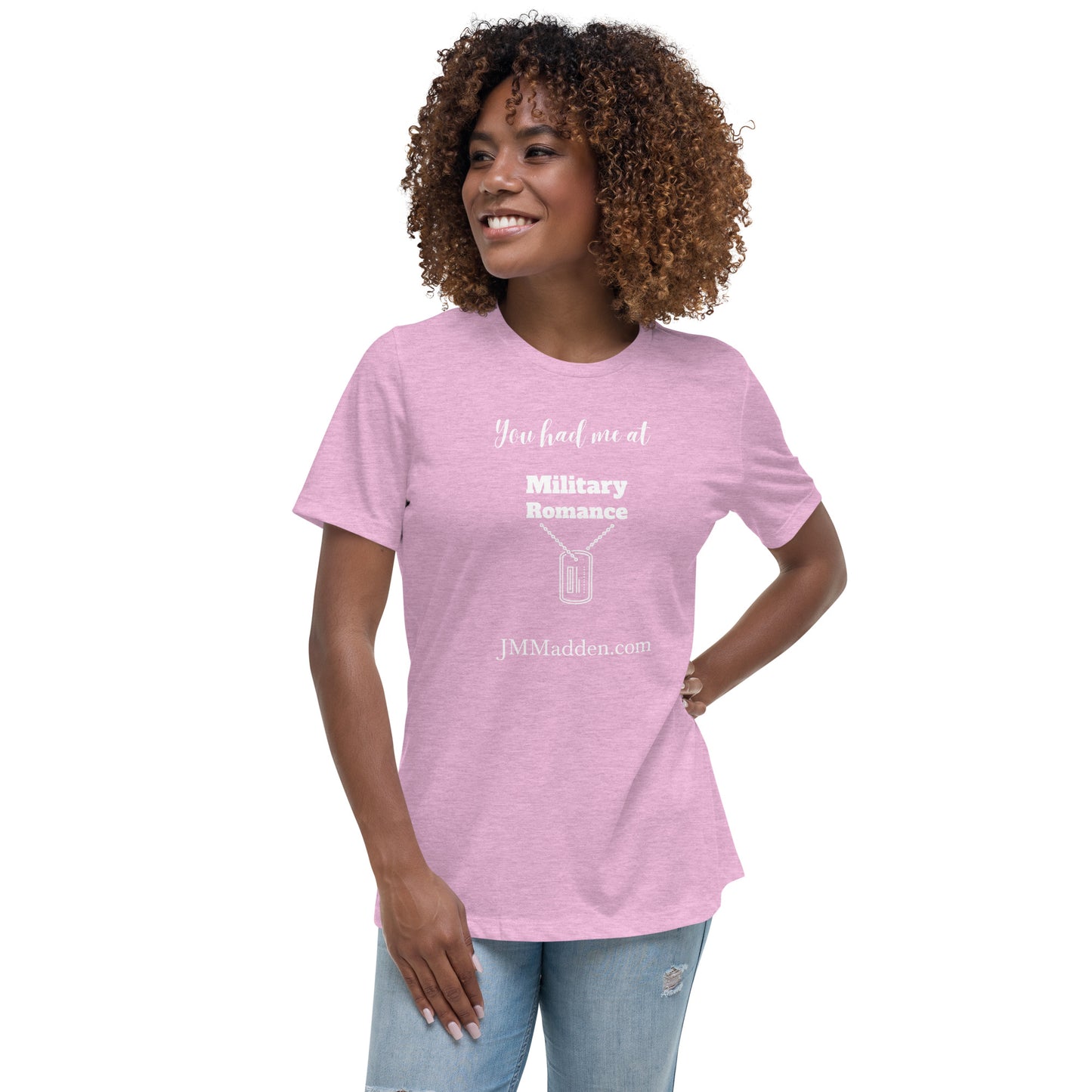 Women's Relaxed T-Shirt You had me at military romance, white lettering, author logo