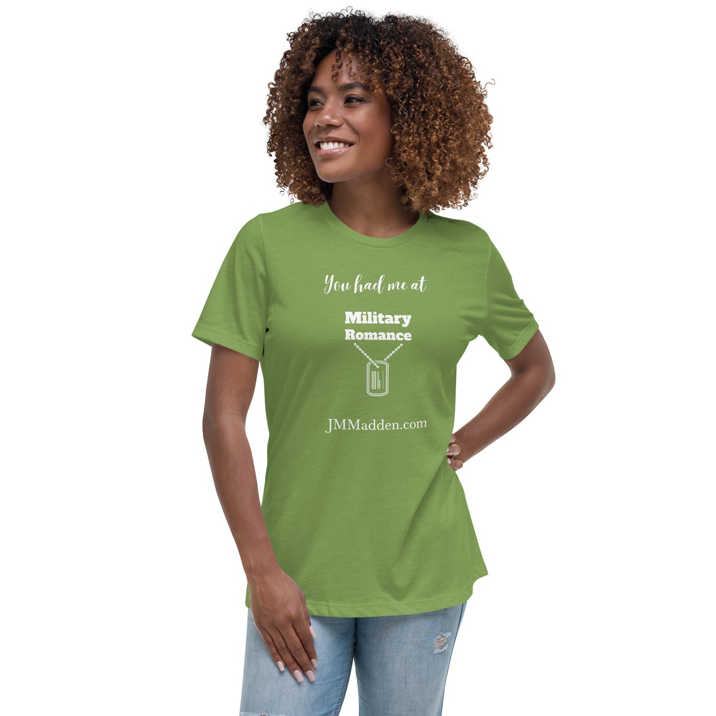 Women's Relaxed T-Shirt You had me at military romance, white lettering, author logo