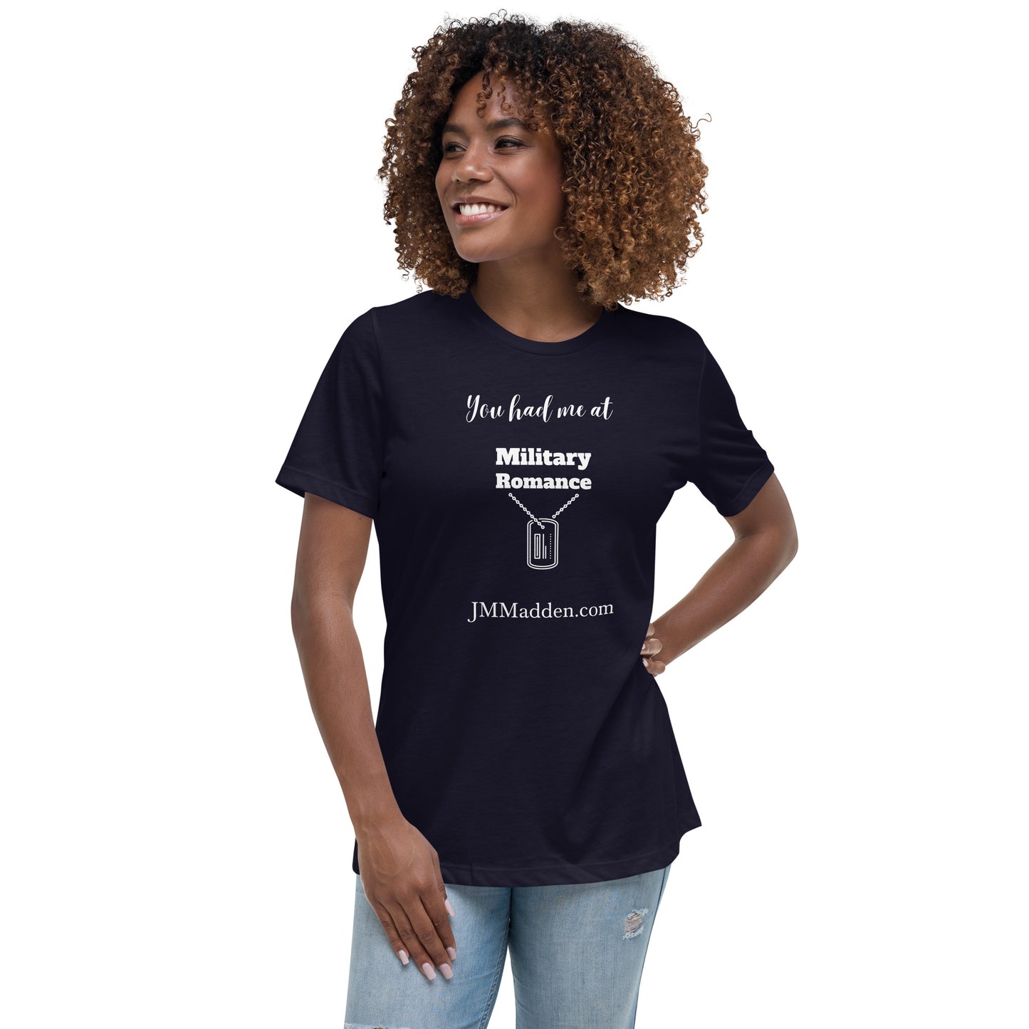 Women's Relaxed T-Shirt You had me at military romance, white lettering, author logo