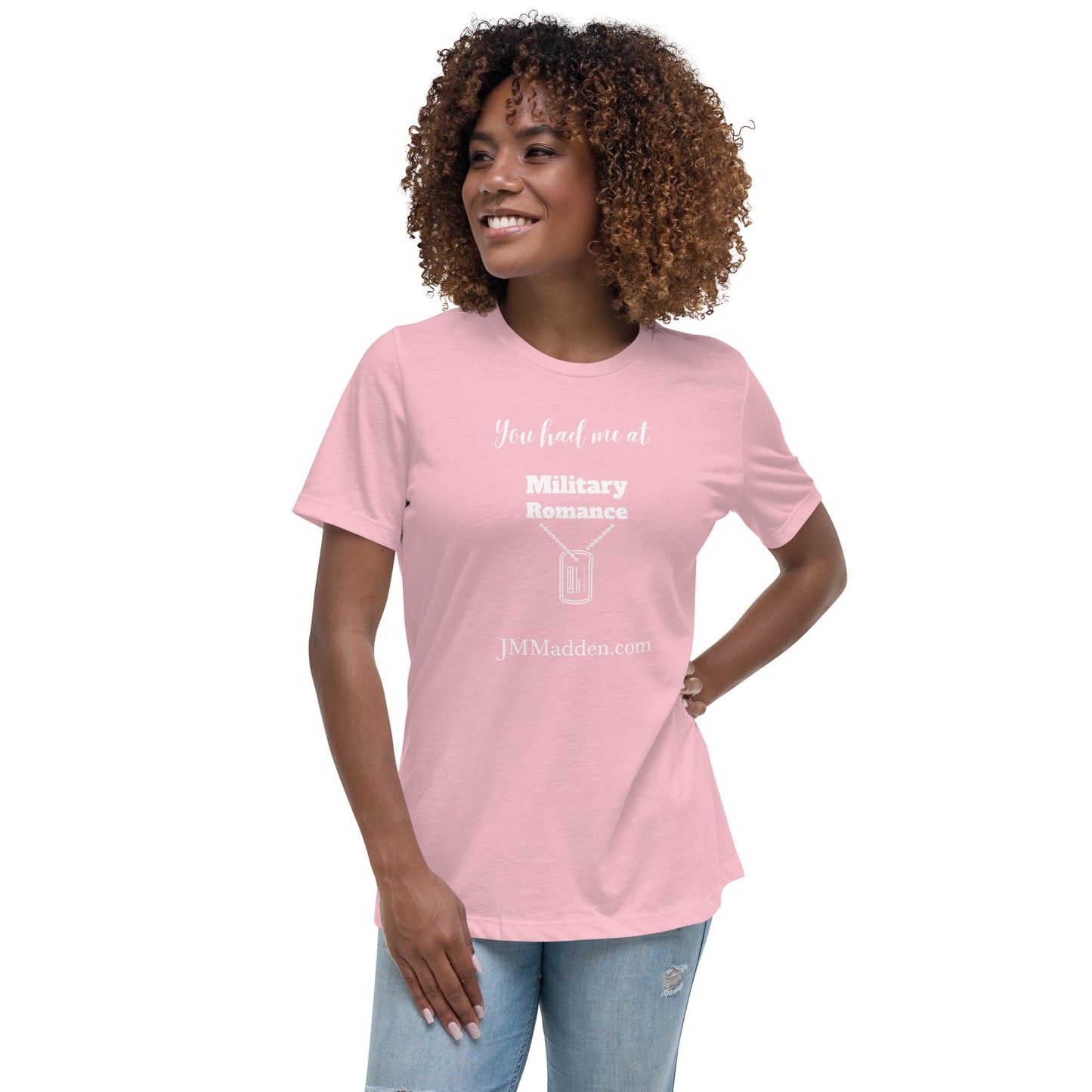 Women's Relaxed T-Shirt You had me at military romance, white lettering, author logo