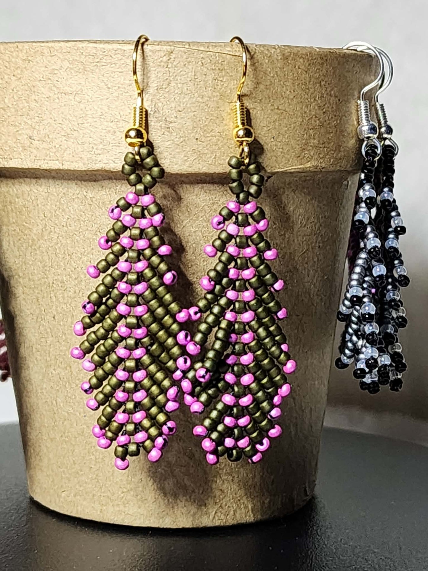 Army Green and Pink Feather Fringe Earrings