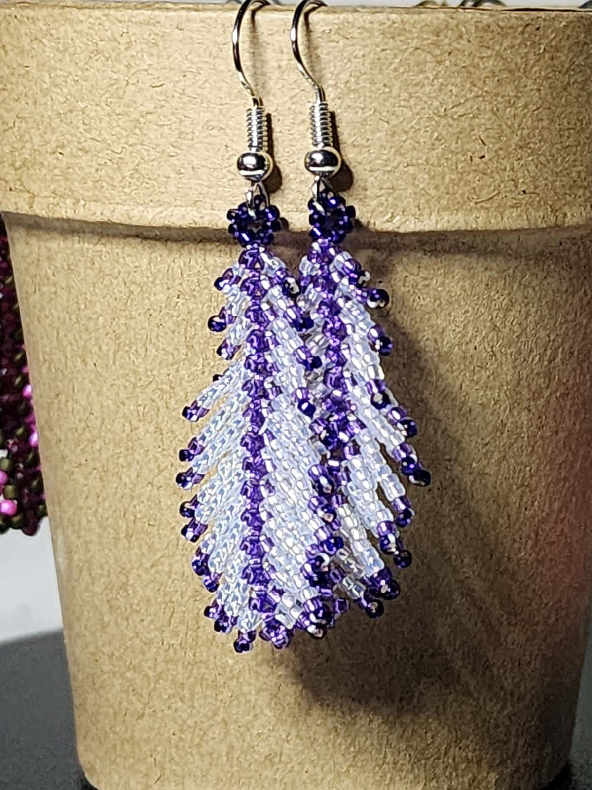Delicate Purple and White Feather Fringe earrings
