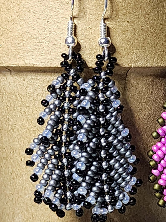 Gray, White and Black Feather Fringe Earrings