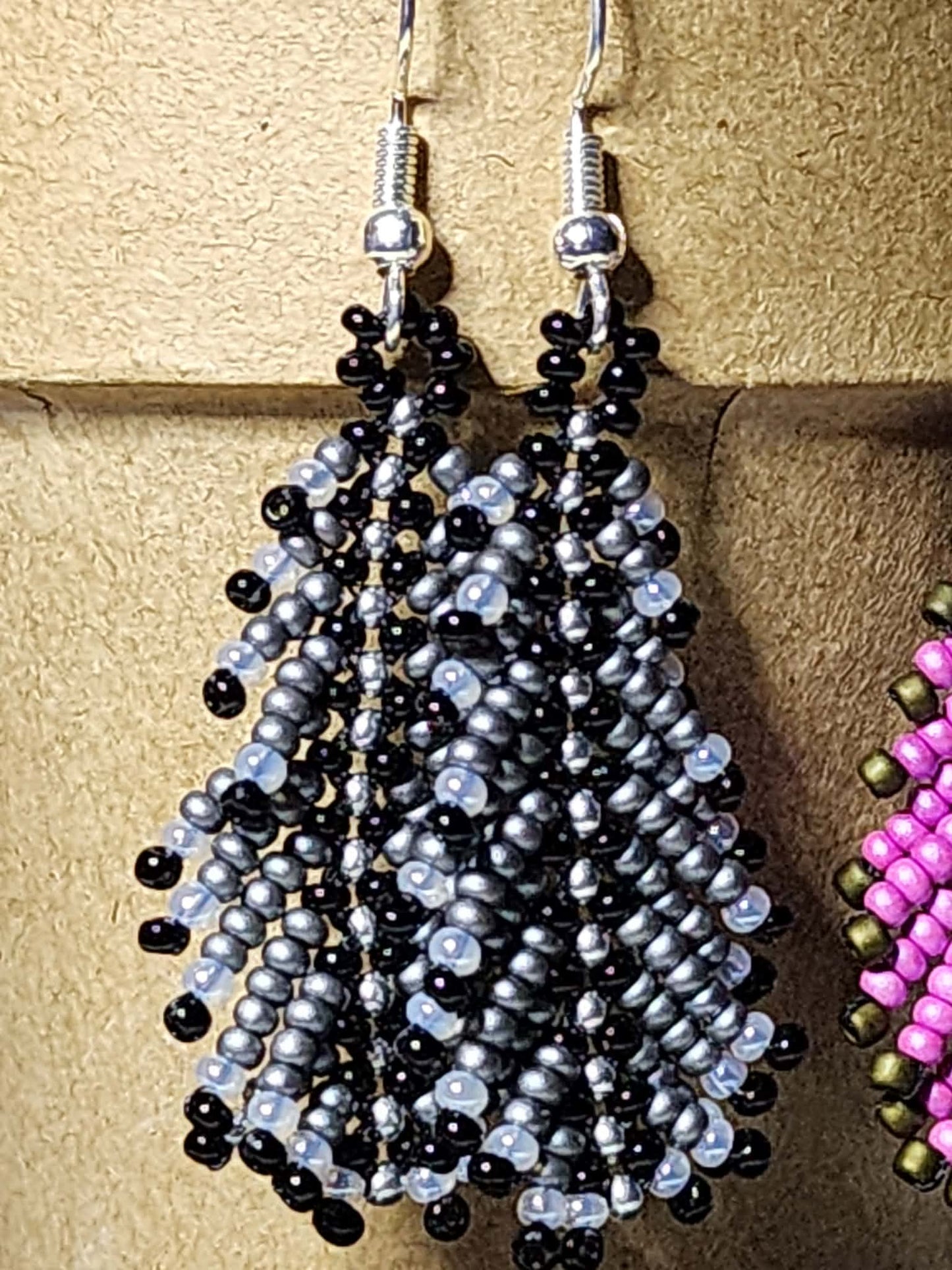 Gray, White and Black Feather Fringe Earrings