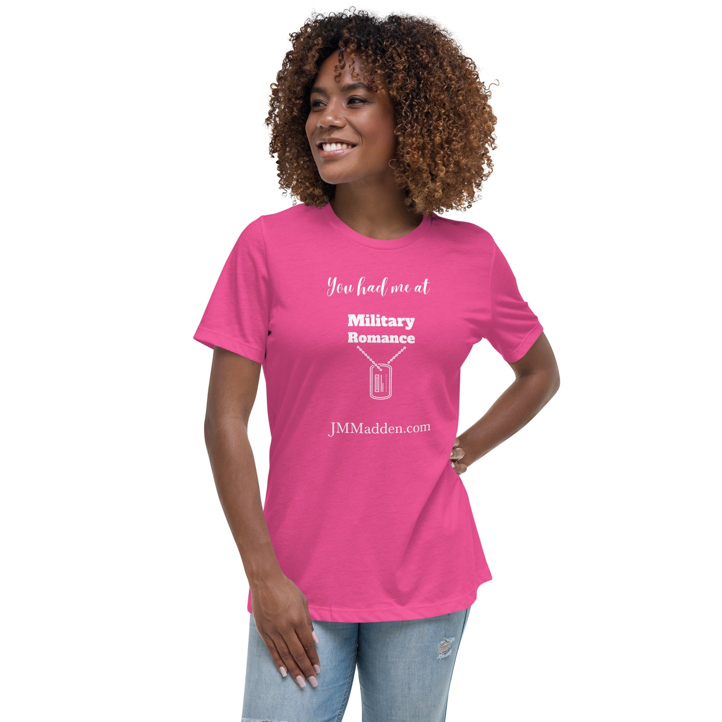 Women's Relaxed T-Shirt You had me at military romance, white lettering, author logo